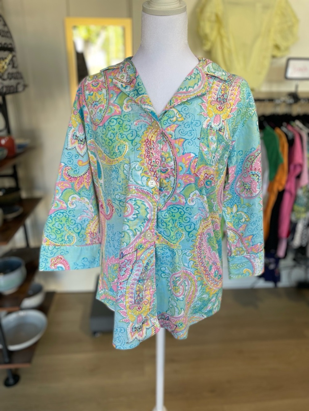 Ralph Lauren Turquoise Paisley Button-Front Blouse